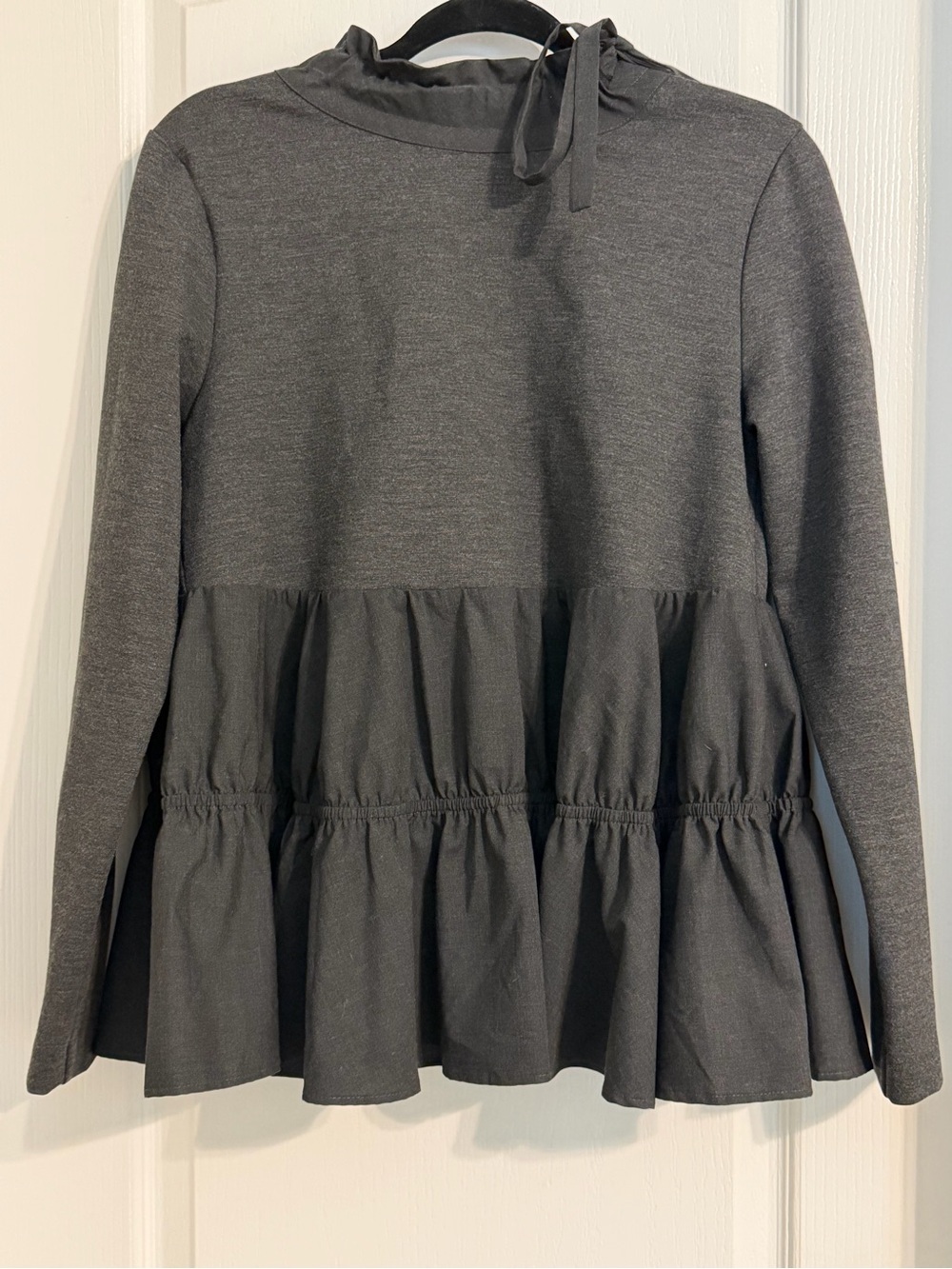 MEIMEIJ Dark Grey Tiered Peplum Top Minimal Avant Garde Long Sleeve Blouse Sz S